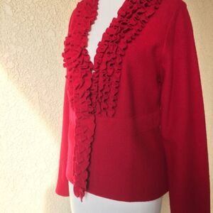 Alfani V-Neck Ruffle Detail‎ Women's Size Large Red Cardigan